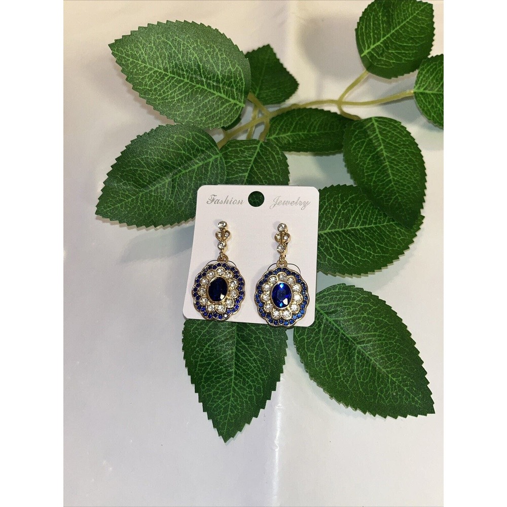 Faux Sapphire/Gold Rhinestones Beautiful Pierced Earrings Fashion Jewelry NWT